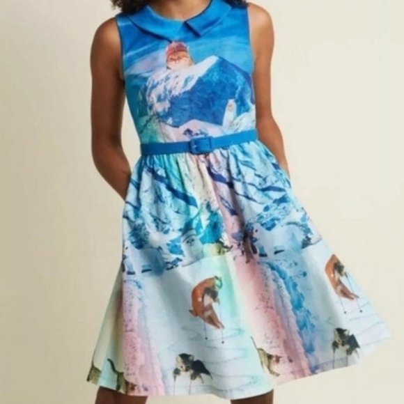 Modcloth "Whimsy without end" belted A-Line pocket dress in snow cat print - Picture 2 of 11